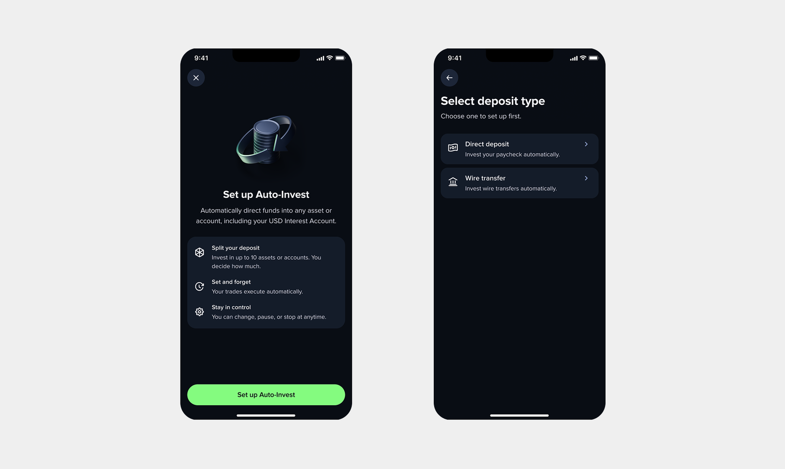 Set up Auto-Invest and Select deposit type screens