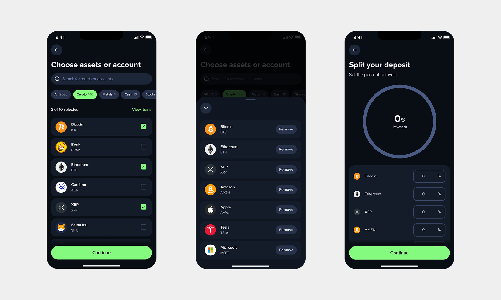 Choose assets, split deposit, and review Auto-Invest screens