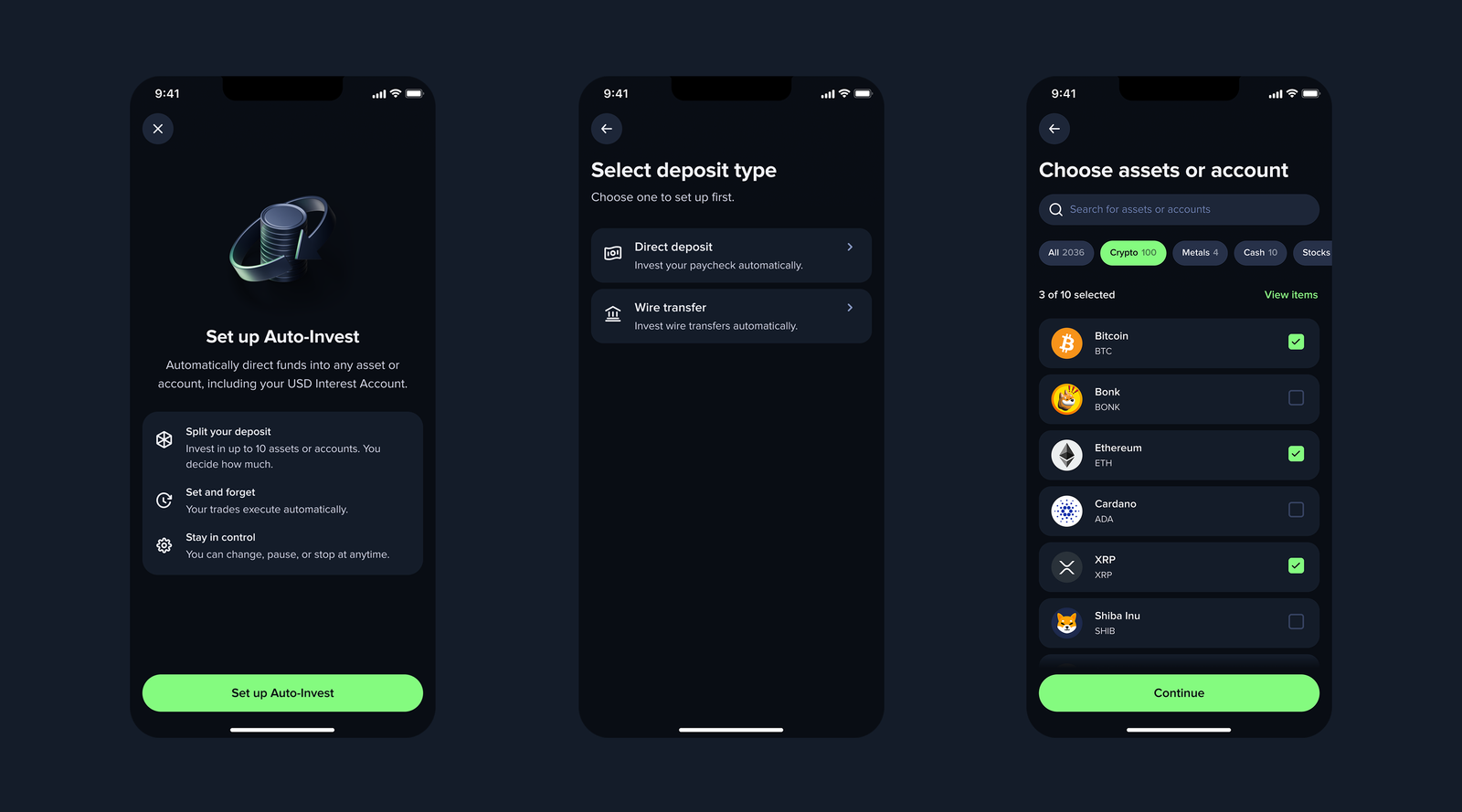 Auto-Invest — Select deposit type, manage rules, and view details