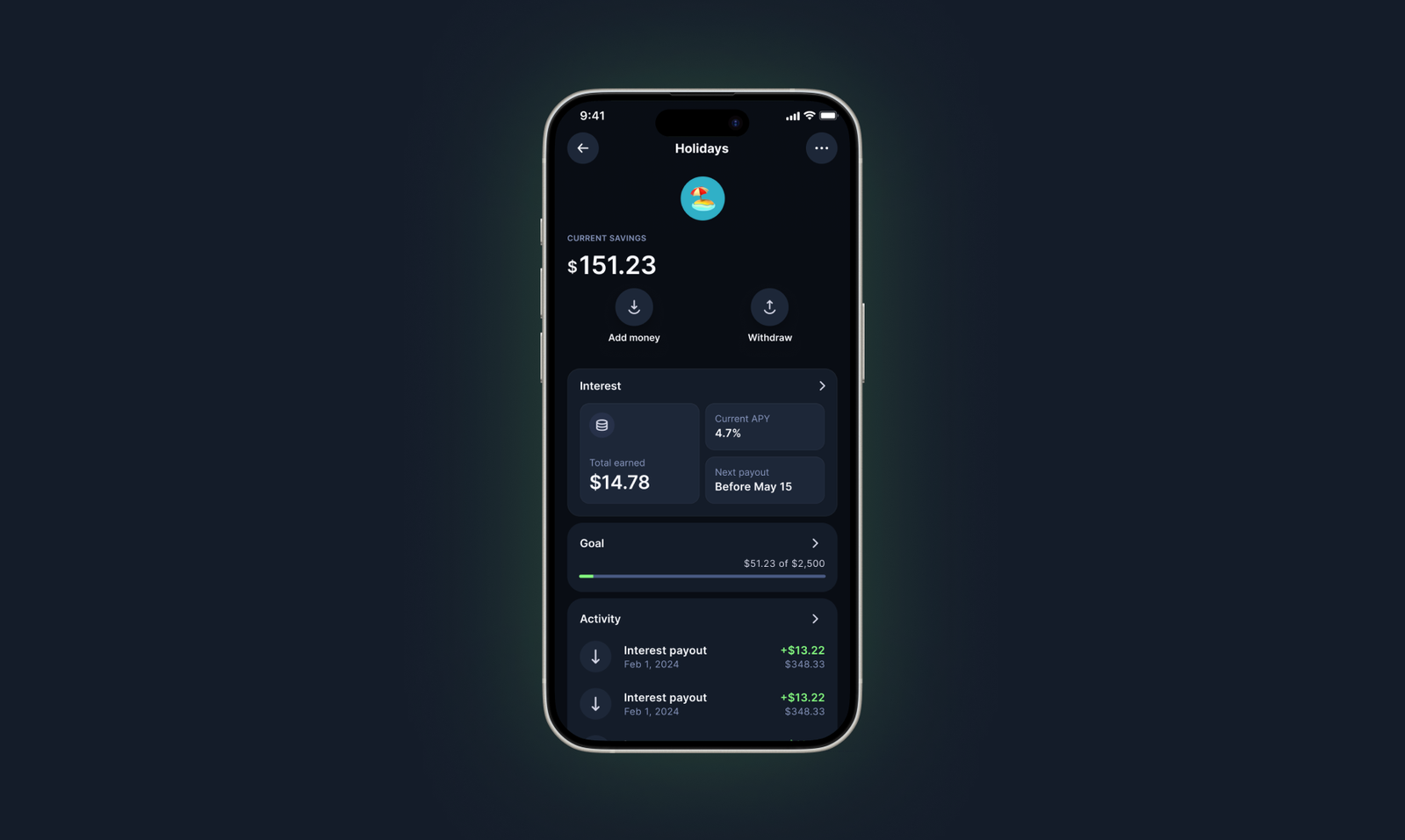 USD Interest Account app screen