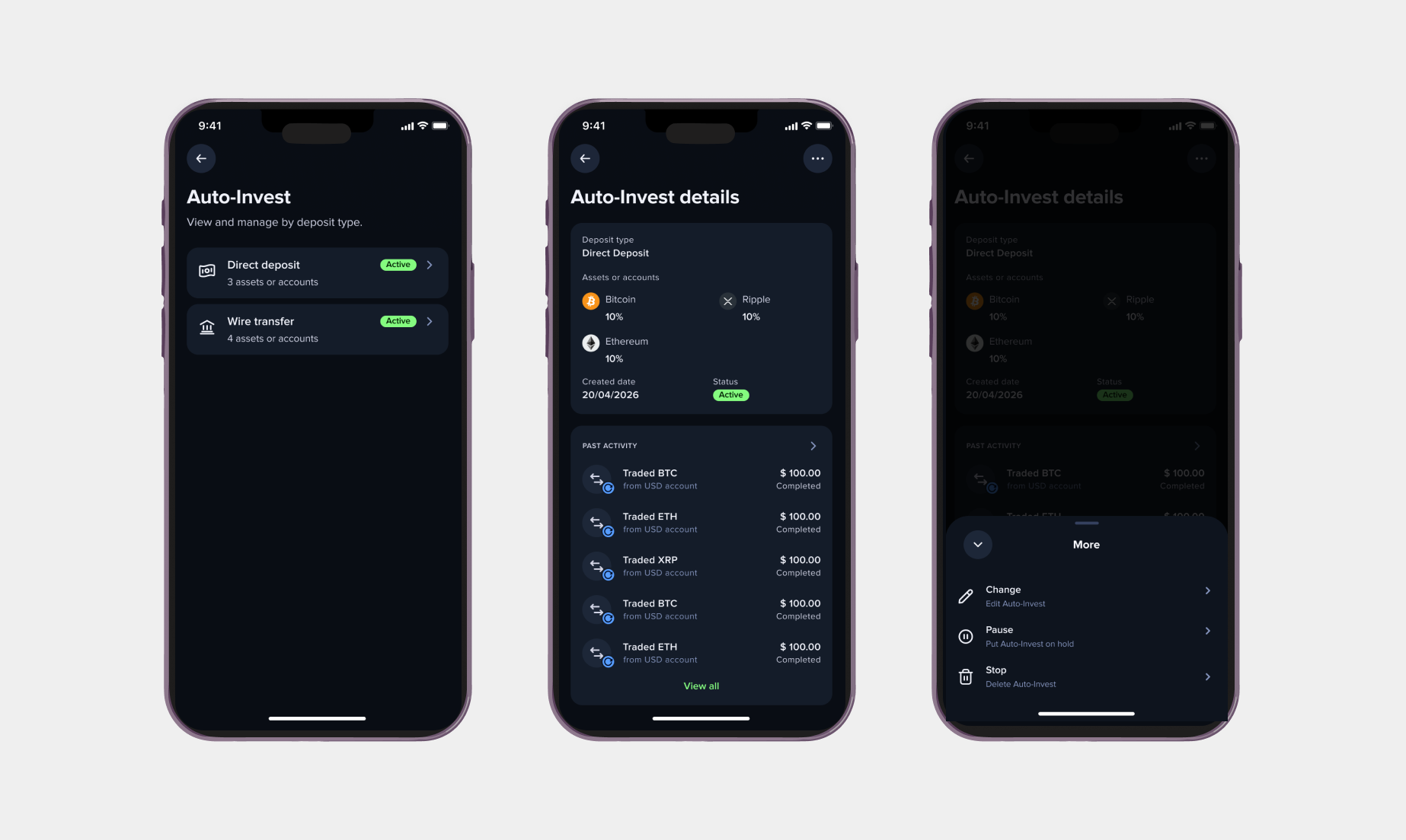 Auto-Invest list, details, and manage actions screens