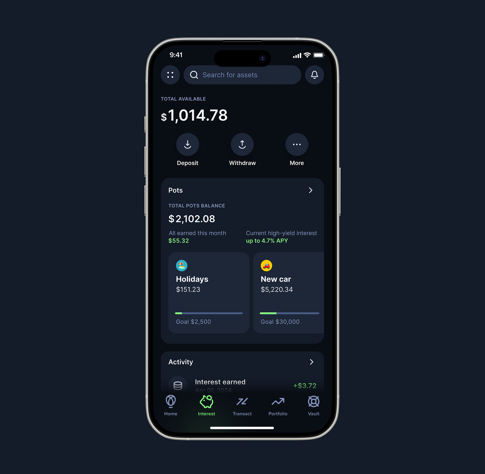 USD Interest Account app screen