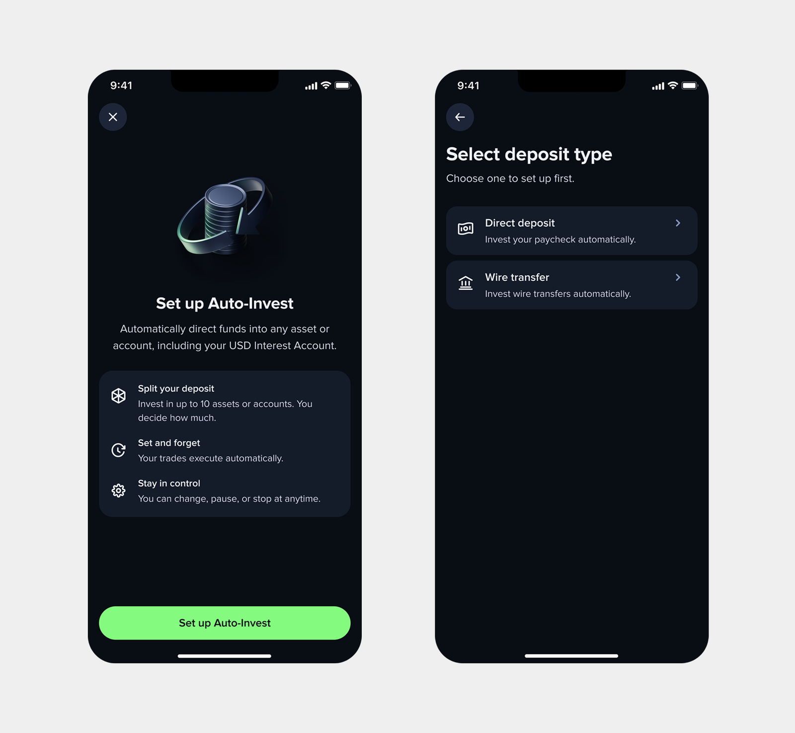 Set up Auto-Invest and Select deposit type screens