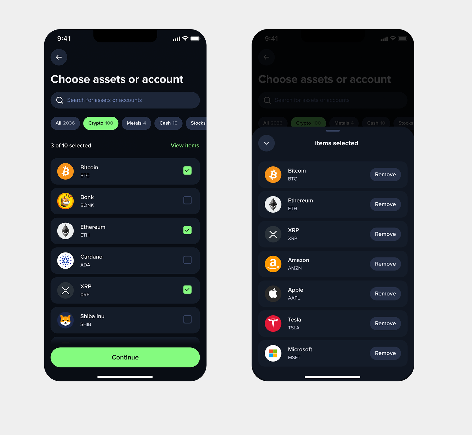 Choose assets, split deposit, and review Auto-Invest screens