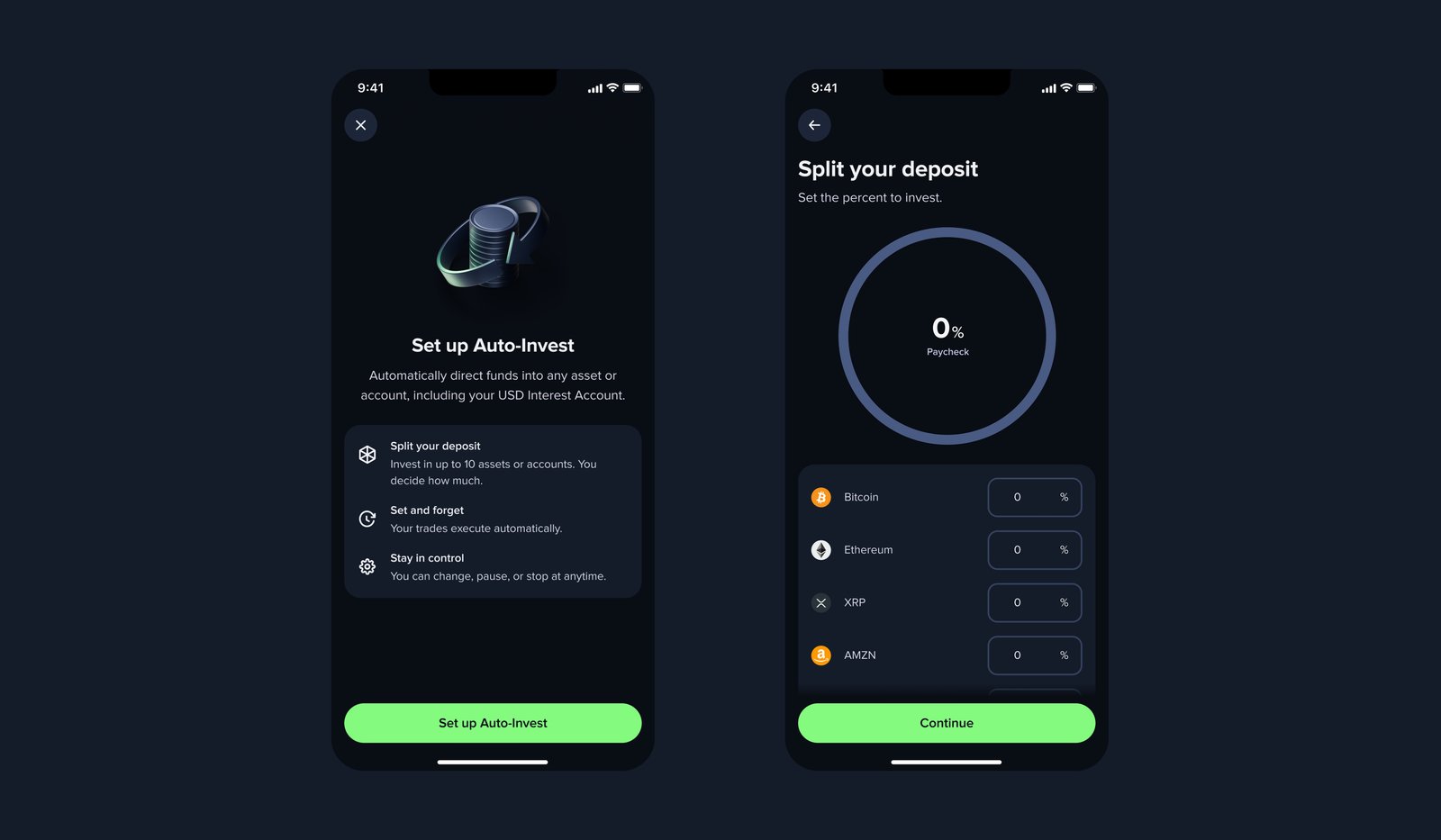 Auto-Invest — set up and select deposit type screens